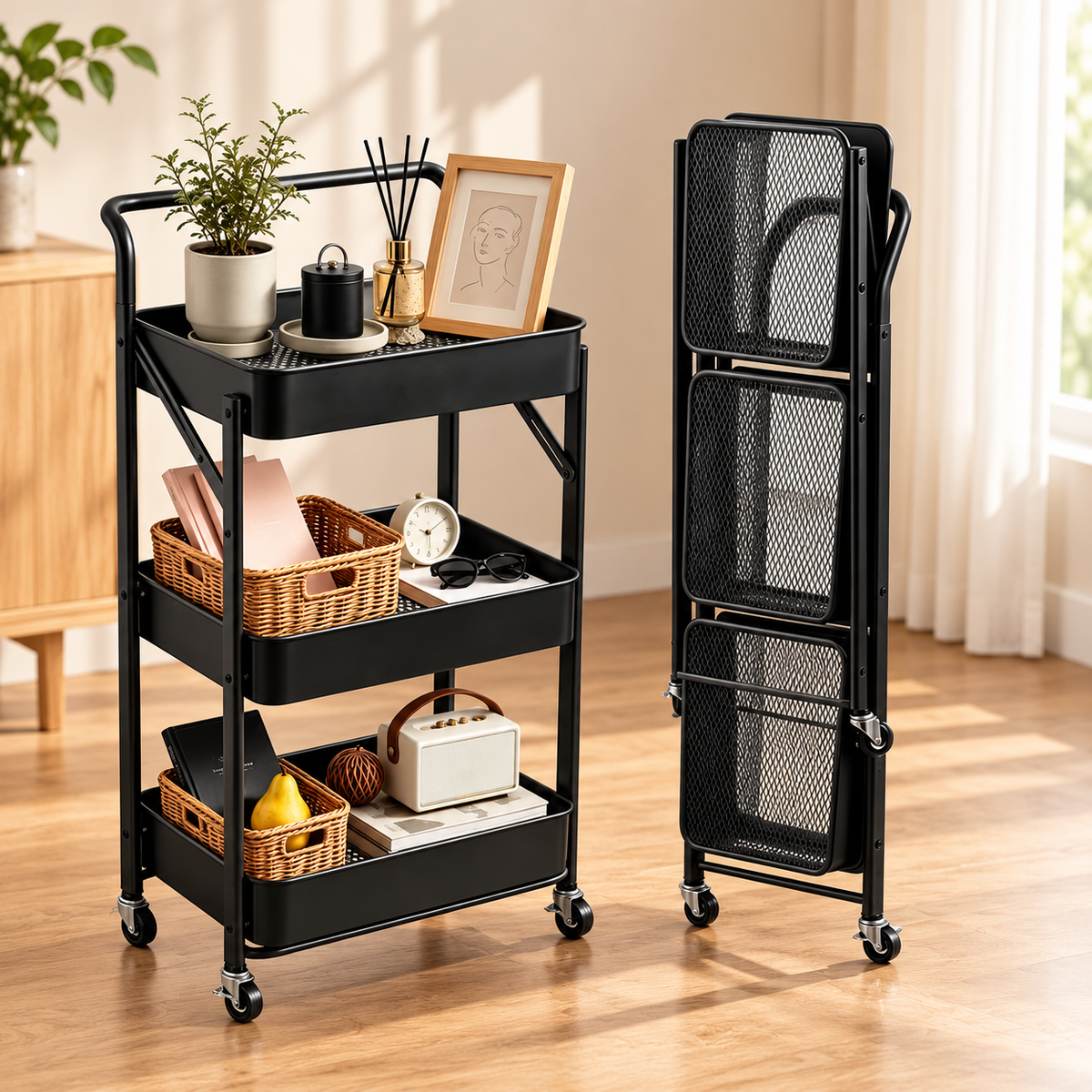 3-Tier Foldable Rolling Cart
