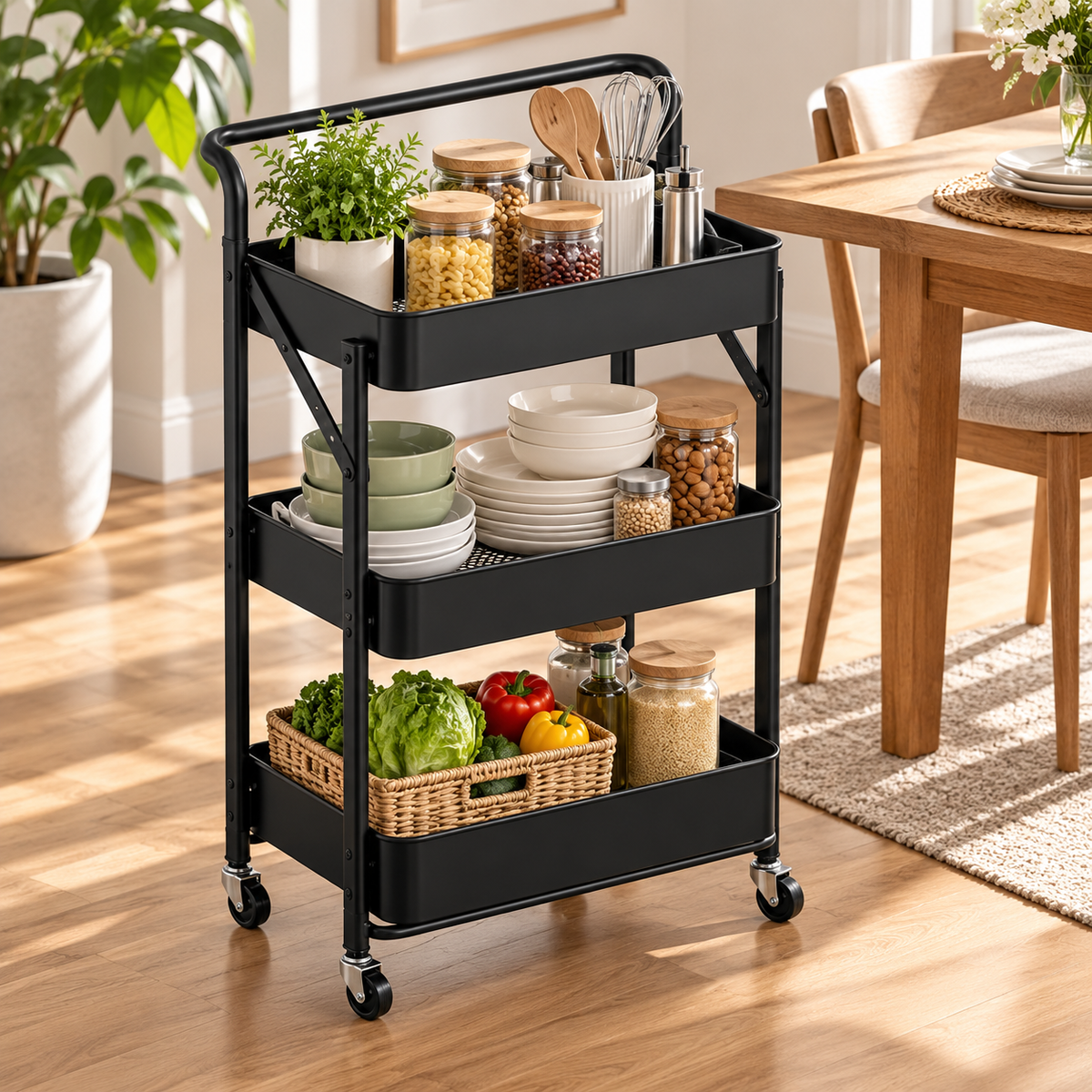 3-Tier Foldable Rolling Cart