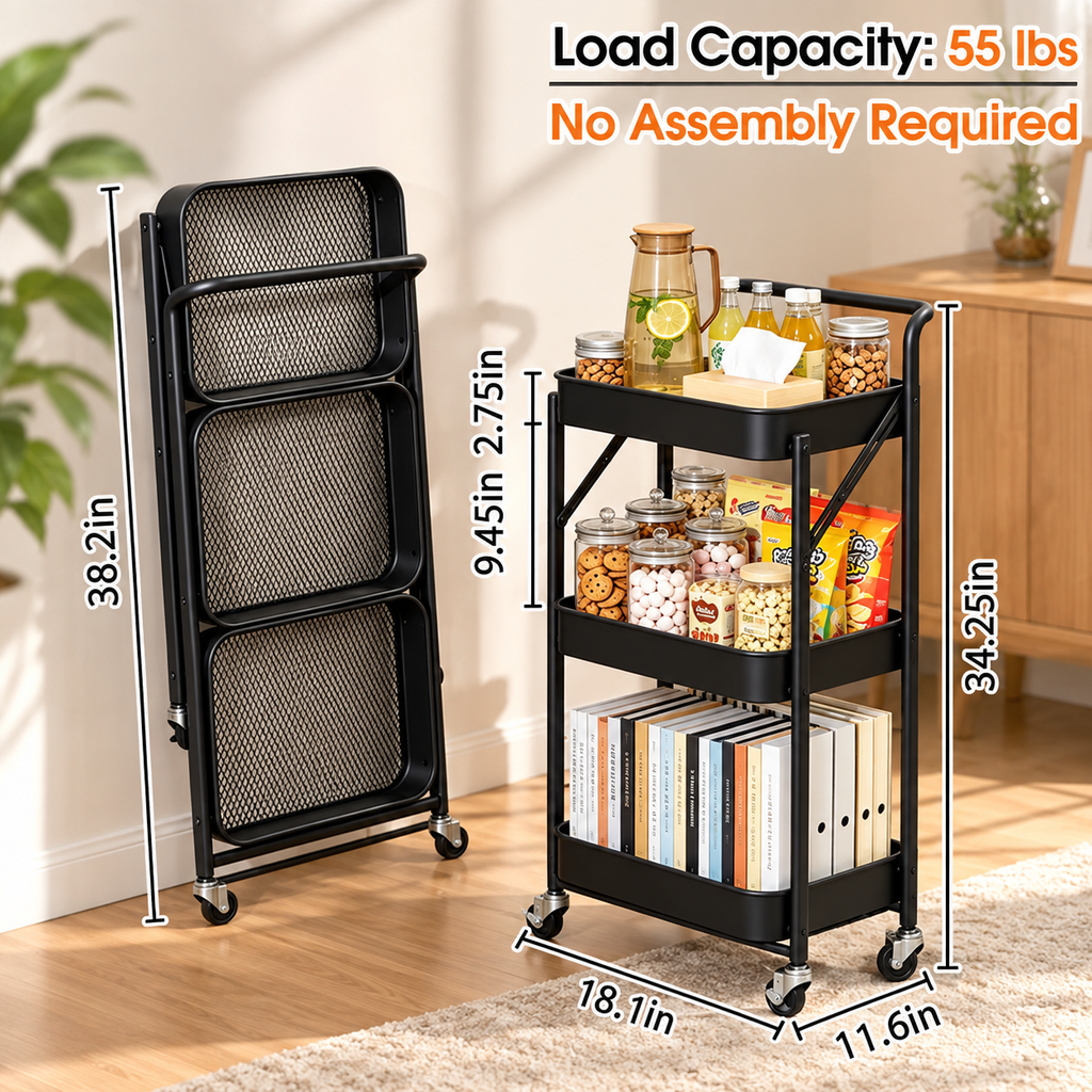 3-Tier Foldable Rolling Cart