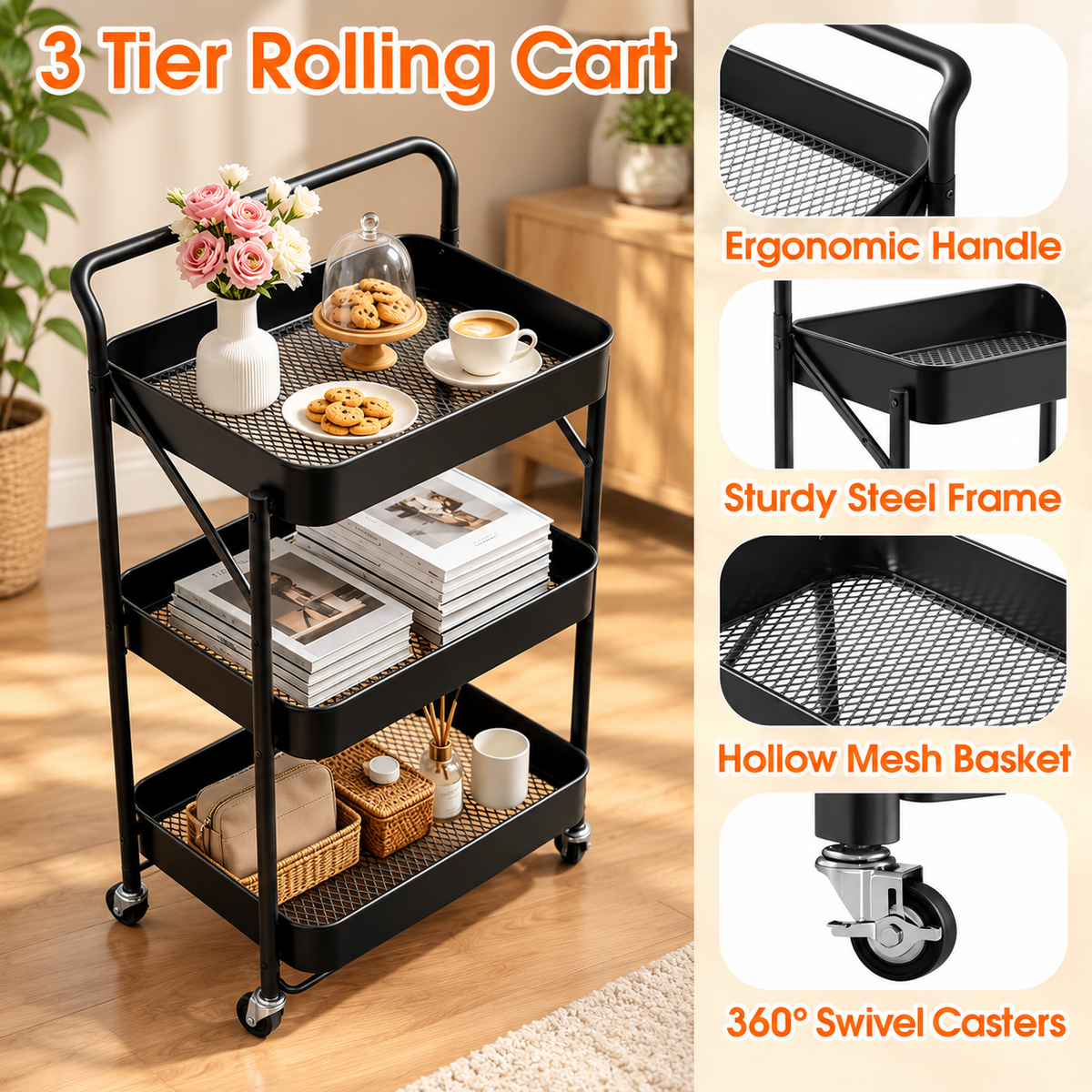 3-Tier Foldable Rolling Cart