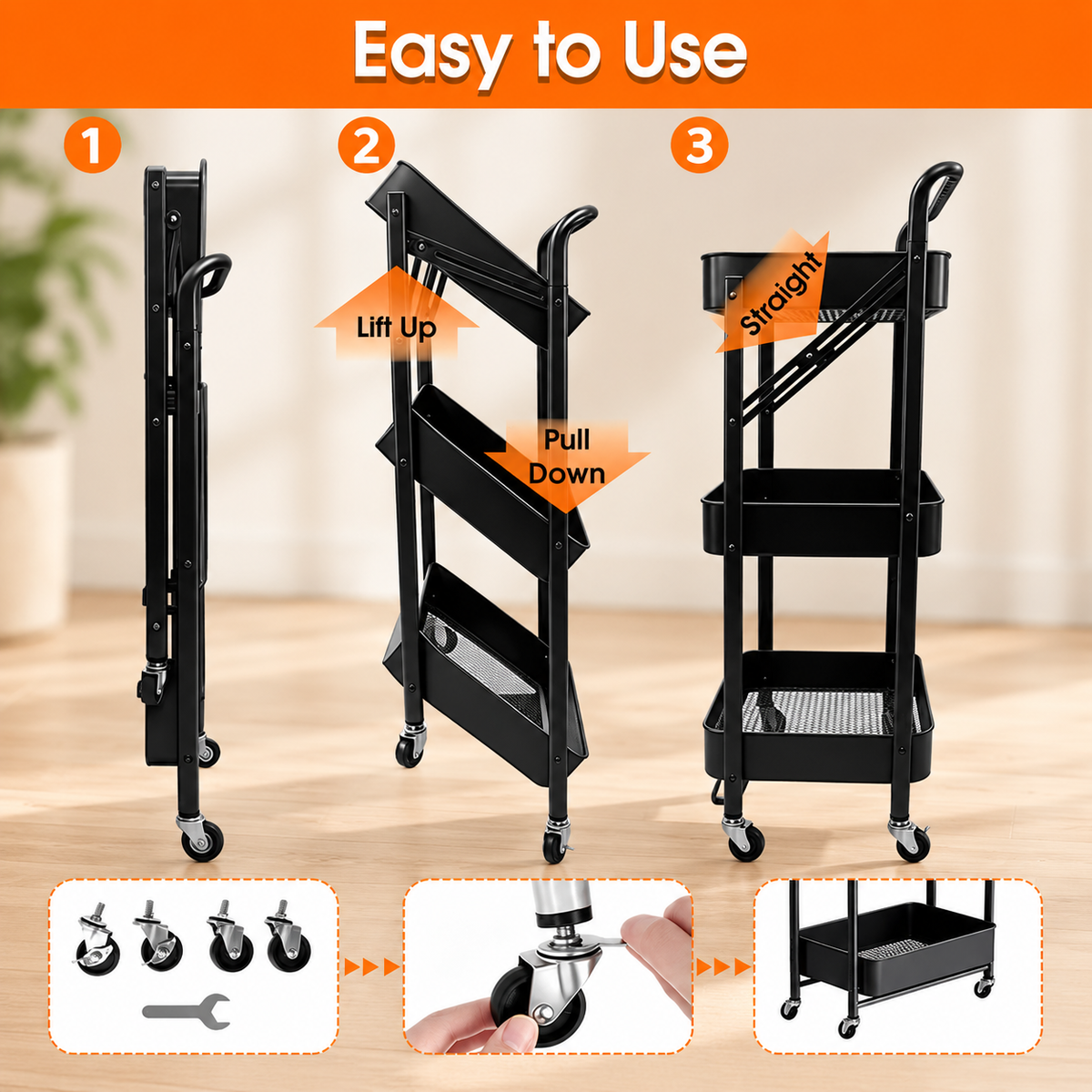 3-Tier Foldable Rolling Cart