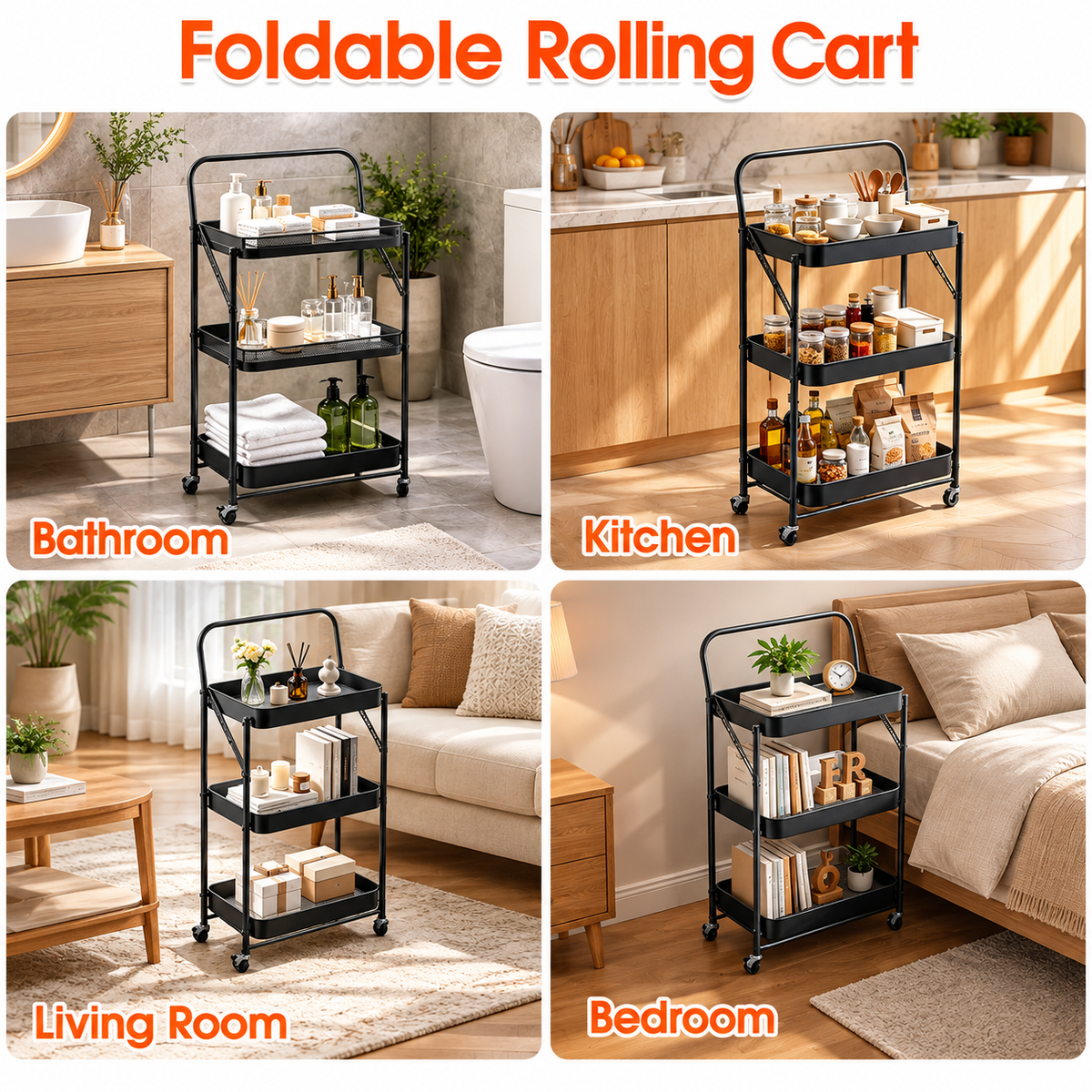 3-Tier Foldable Rolling Cart