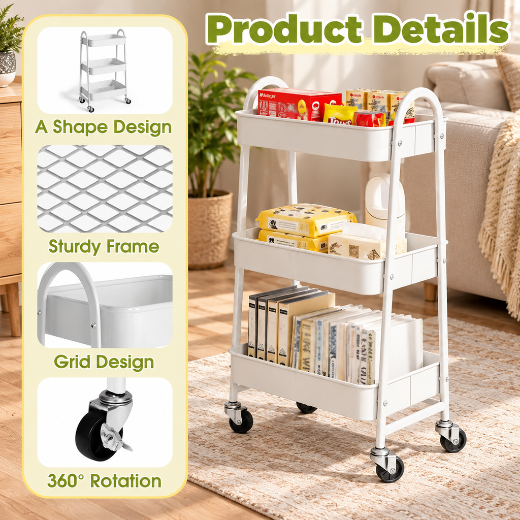 3-Tier Metal Rolling Cart