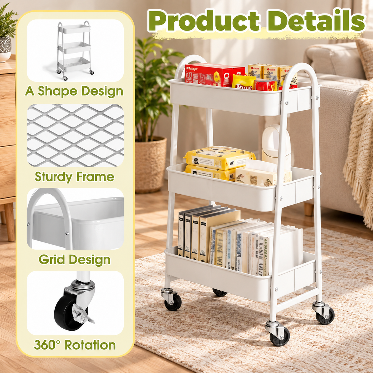 3-Tier Metal Rolling Cart