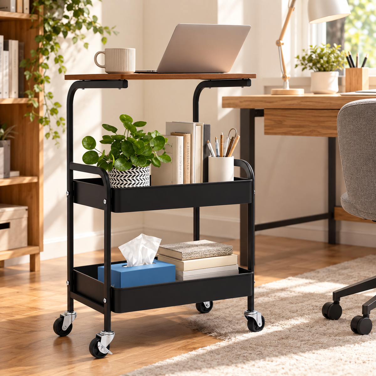 3-Tier Wood Top Rolling Cart