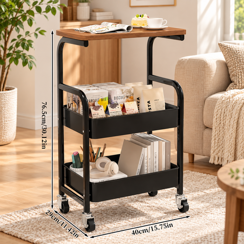 3-Tier Wood Top Rolling Cart