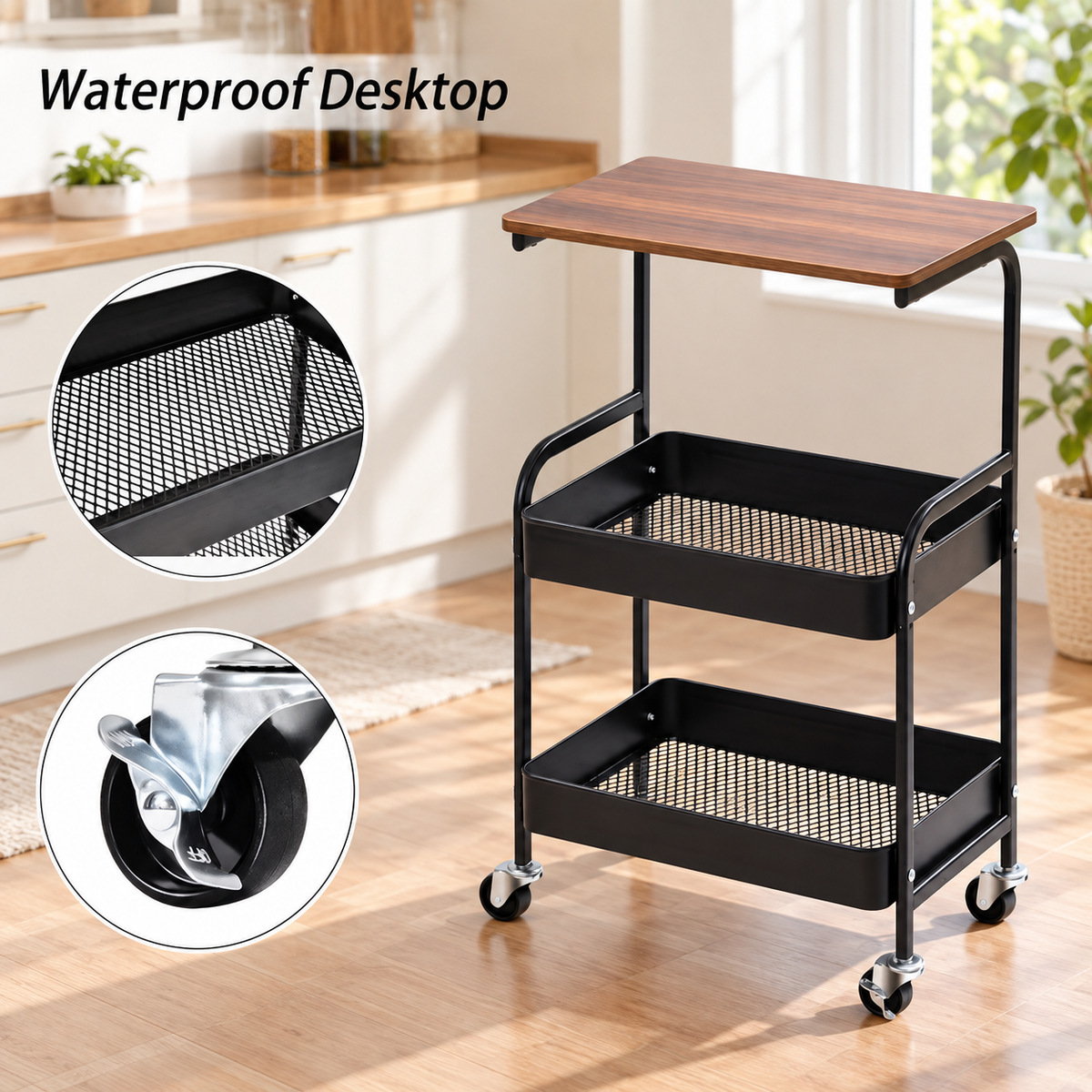 3-Tier Wood Top Rolling Cart