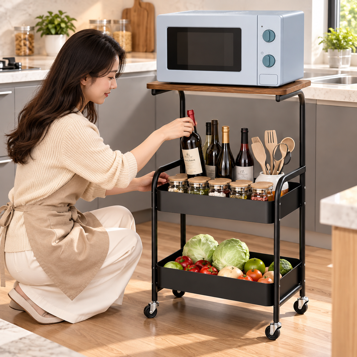 3-Tier Wood Top Rolling Cart