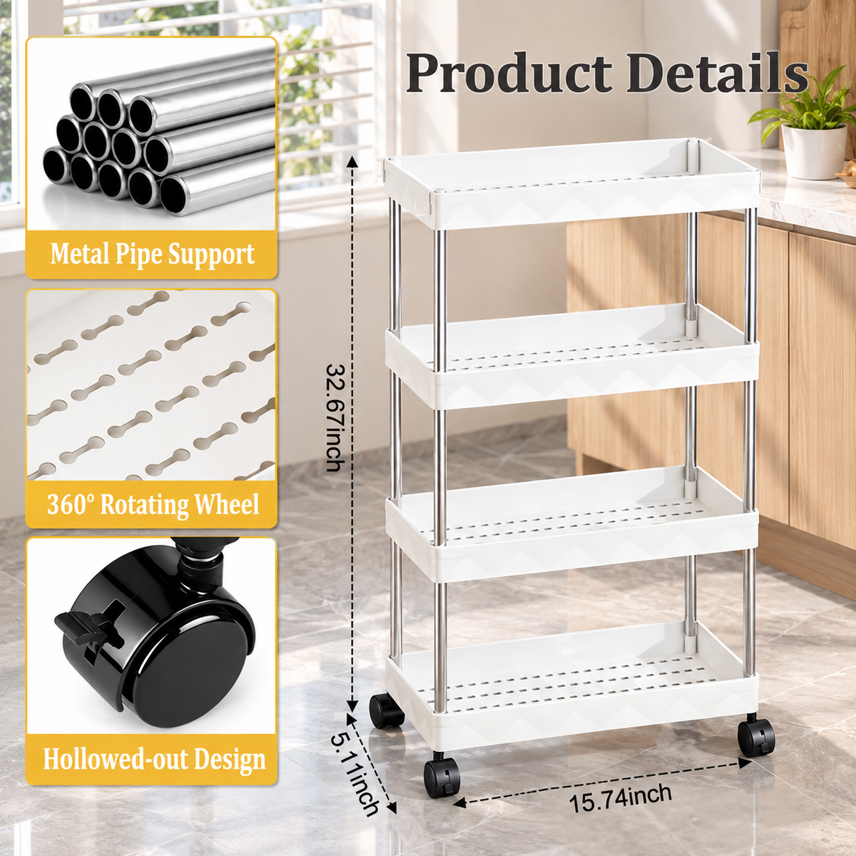 4-Tier Slim Rolling Cart
